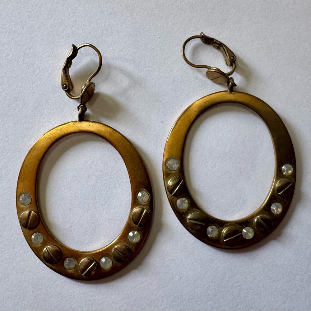 Kenneth Cole antique Gold Tone Rhinestone Hoop Earrings Steampunk Dangle
